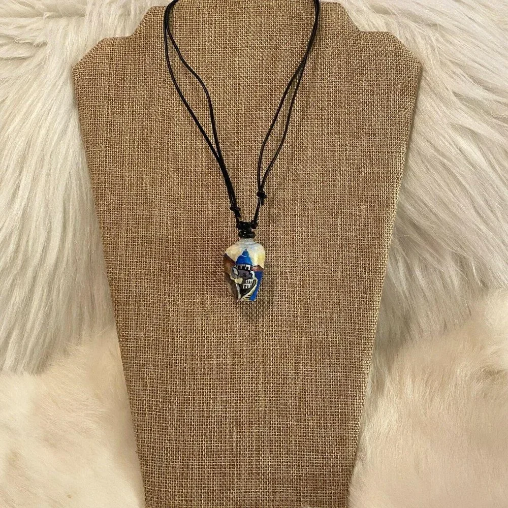 Vtg Shell Hand Painted‎ Necklace Light House Sea Shore Beach Adjustable 5206